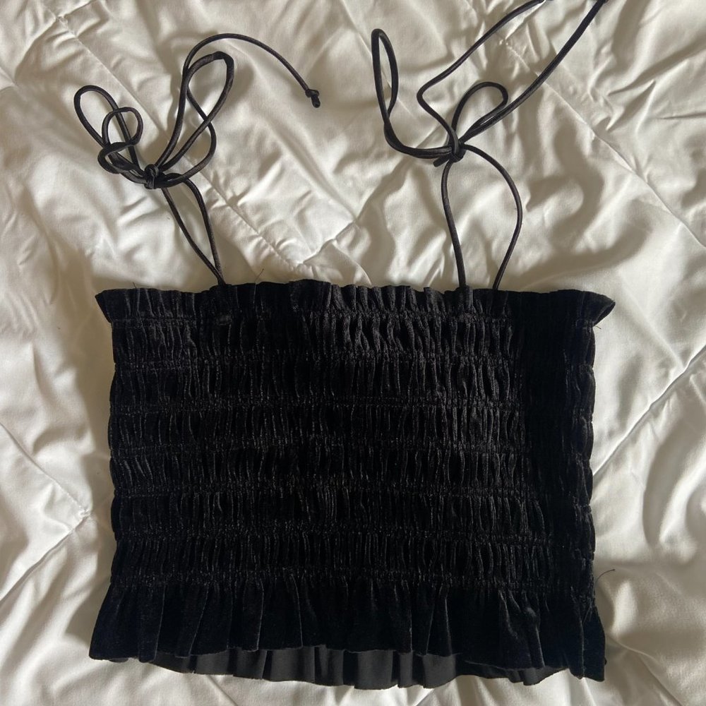 American Eagle Black Ruched Velvet Bandeau Tank Top with Tie Straps